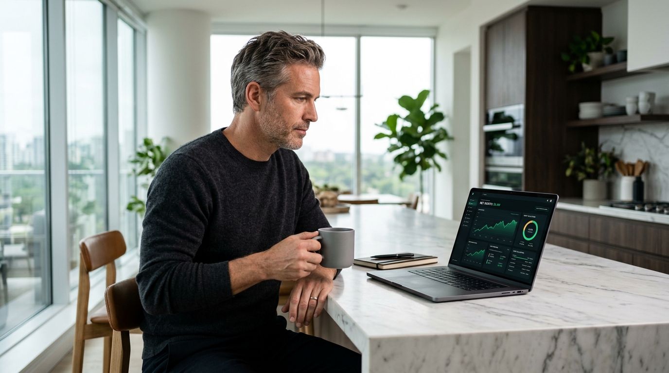 Executive managing personal wealth with Obsidian Wealth OS in modern home kitchen